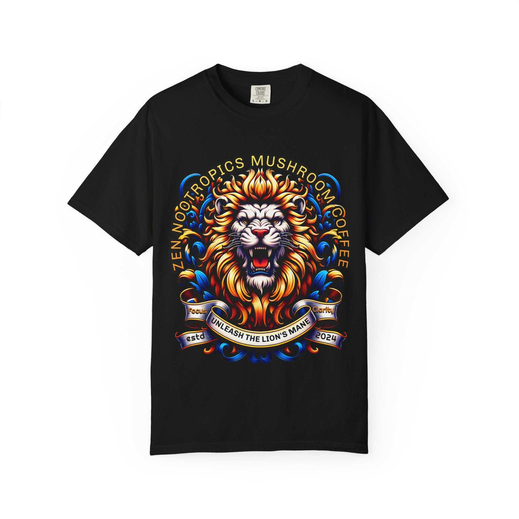Unleash Lion's Mane T-shirt with whimsical frog design, heavyweight garment-dyed cotton, relaxed fit from Zen Nootropics