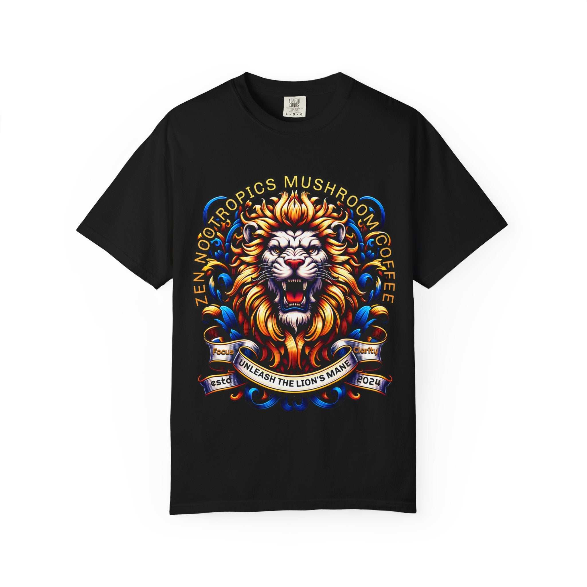 Unleash Lion's Mane T-shirt with whimsical frog design, heavyweight garment-dyed cotton, relaxed fit from Zen Nootropics
