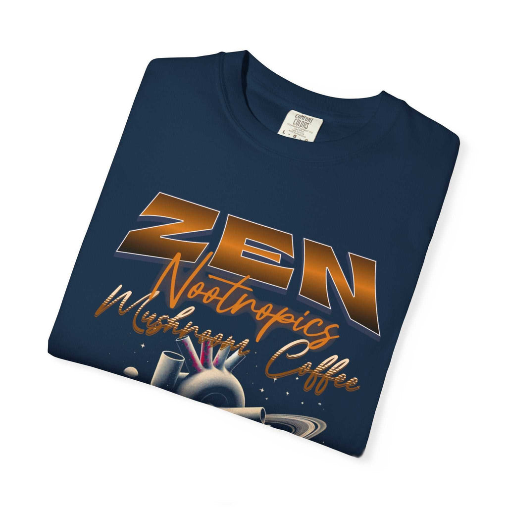 Heavyweight garment-dyed tee with whimsical frog and mushroom design, soft cotton fabric, relaxed fit, outdoor-inspired Feel The Zen shirt