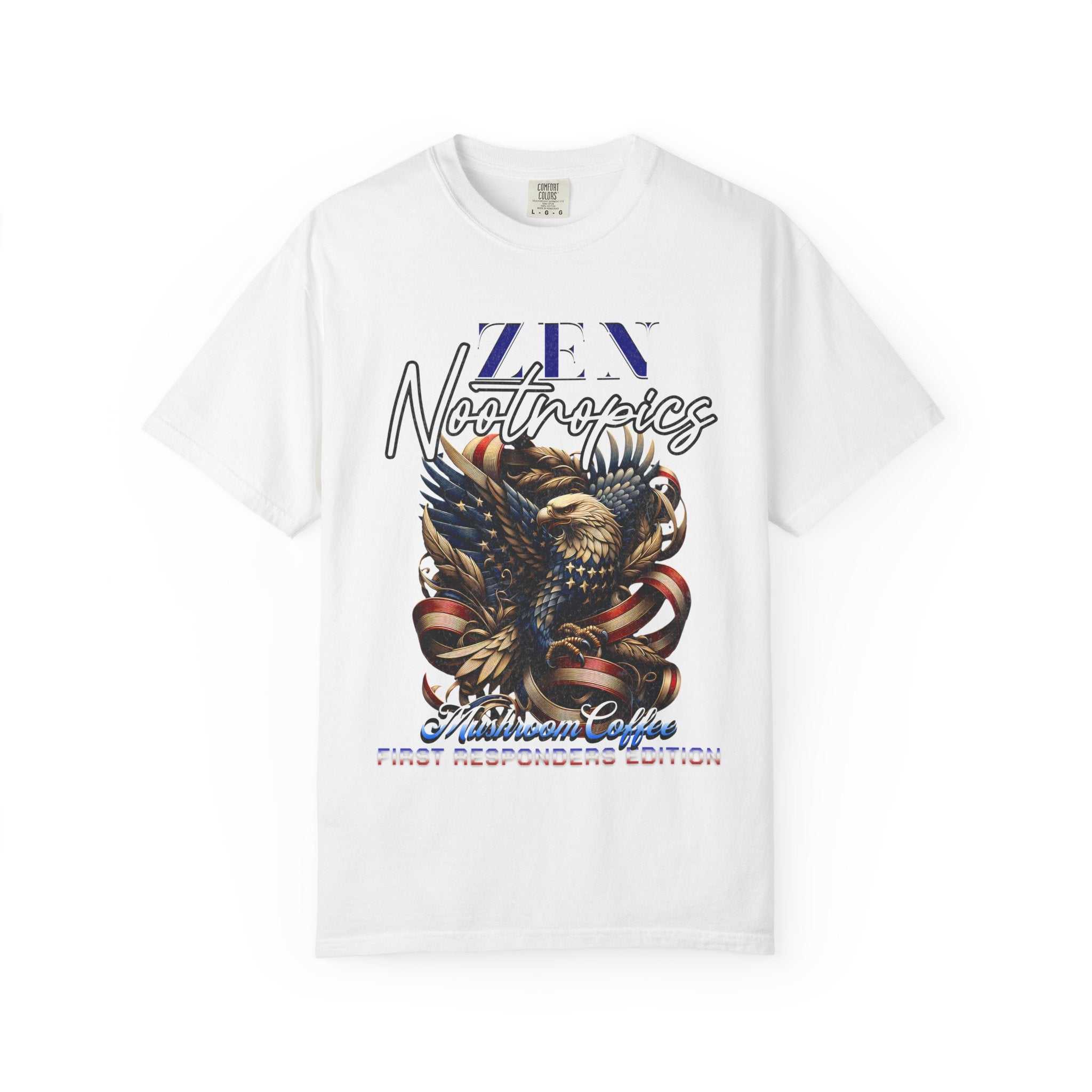 Zen Nootropics First Responders Edition eagle graphic t-shirt with vintage tattoo style on garment-dyed heavy-weight fabric