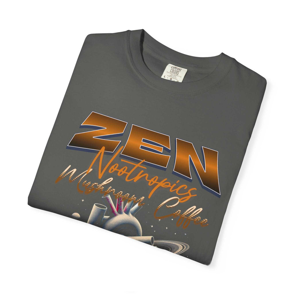 Heavyweight garment-dyed tee with whimsical frog and mushroom design, soft ring-spun cotton, relaxed fit, embodies Feel The Zen outdoors vibe