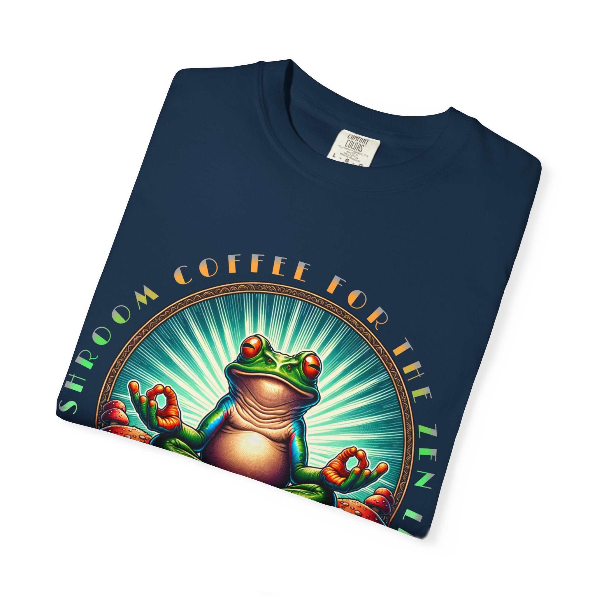 Feel The Zen Chilin Frog graphic tee with vibrant frog design on heavyweight garment-dyed cotton