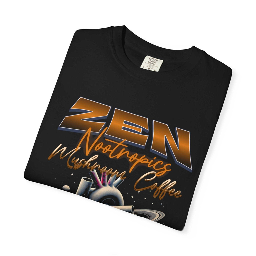 Heavyweight garment-dyed t-shirt with whimsical frog and mushroom design for outdoors lovers, featuring vibrant greens and sunburst rays, soft US cotton, relaxed fit, and durability - Feel The Zen.