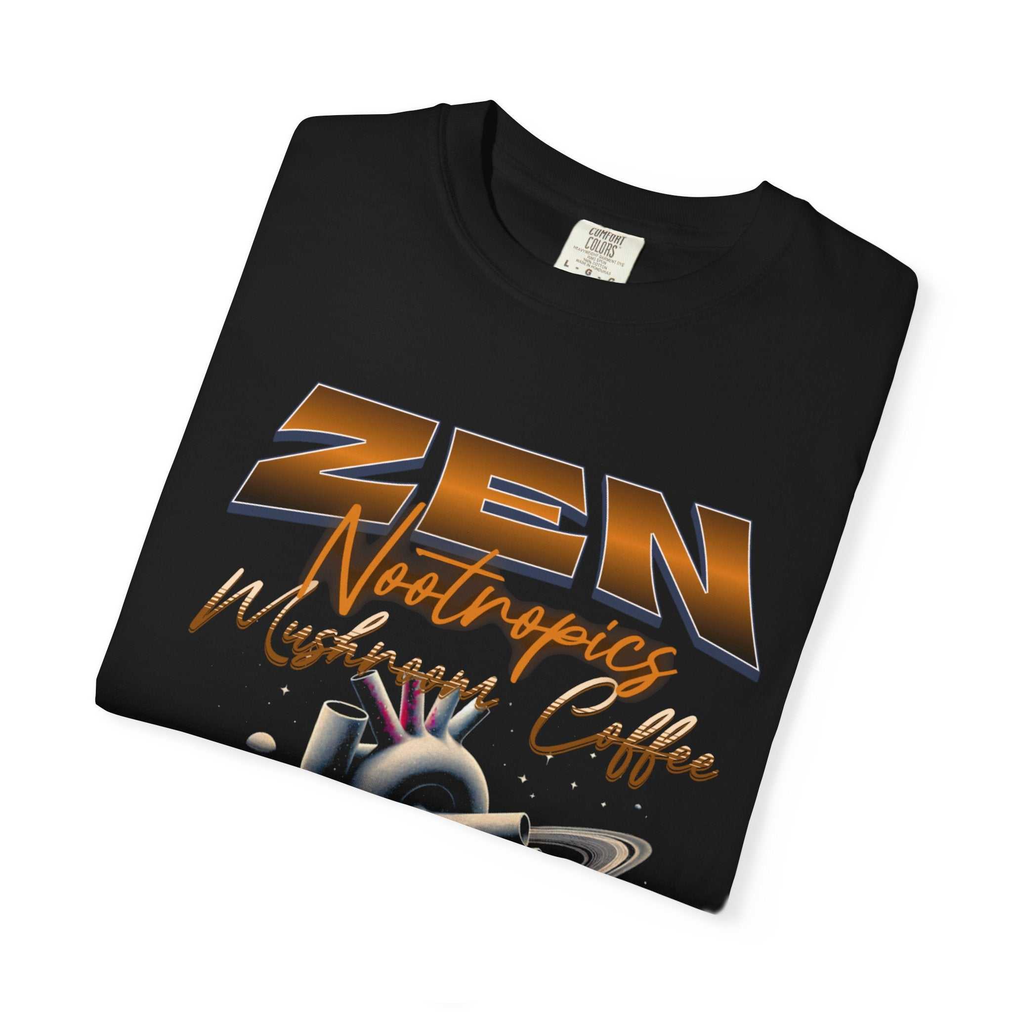 Heavyweight garment-dyed t-shirt with whimsical frog and mushroom design for outdoors lovers, featuring vibrant greens and sunburst rays, soft US cotton, relaxed fit, and durability - Feel The Zen.