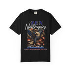 Zen Nootropics First Responders Edition Eagle Graphic T-Shirt with vintage tattoo eagle and flag design on garment-dyed heavy-weight cotton tee