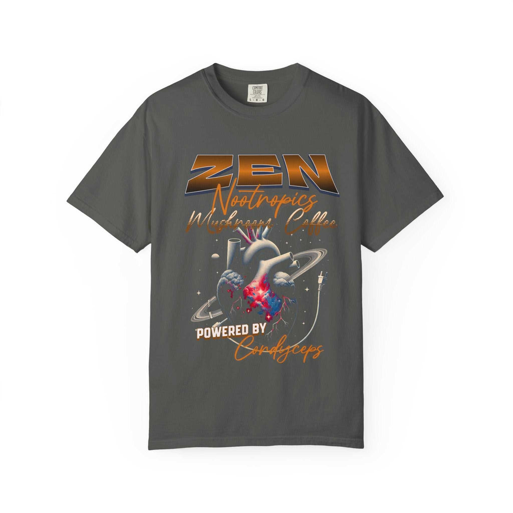 Heavyweight garment-dyed t-shirt with whimsical frog and mushroom design, perfect for outdoor lovers feeling the Zen.
