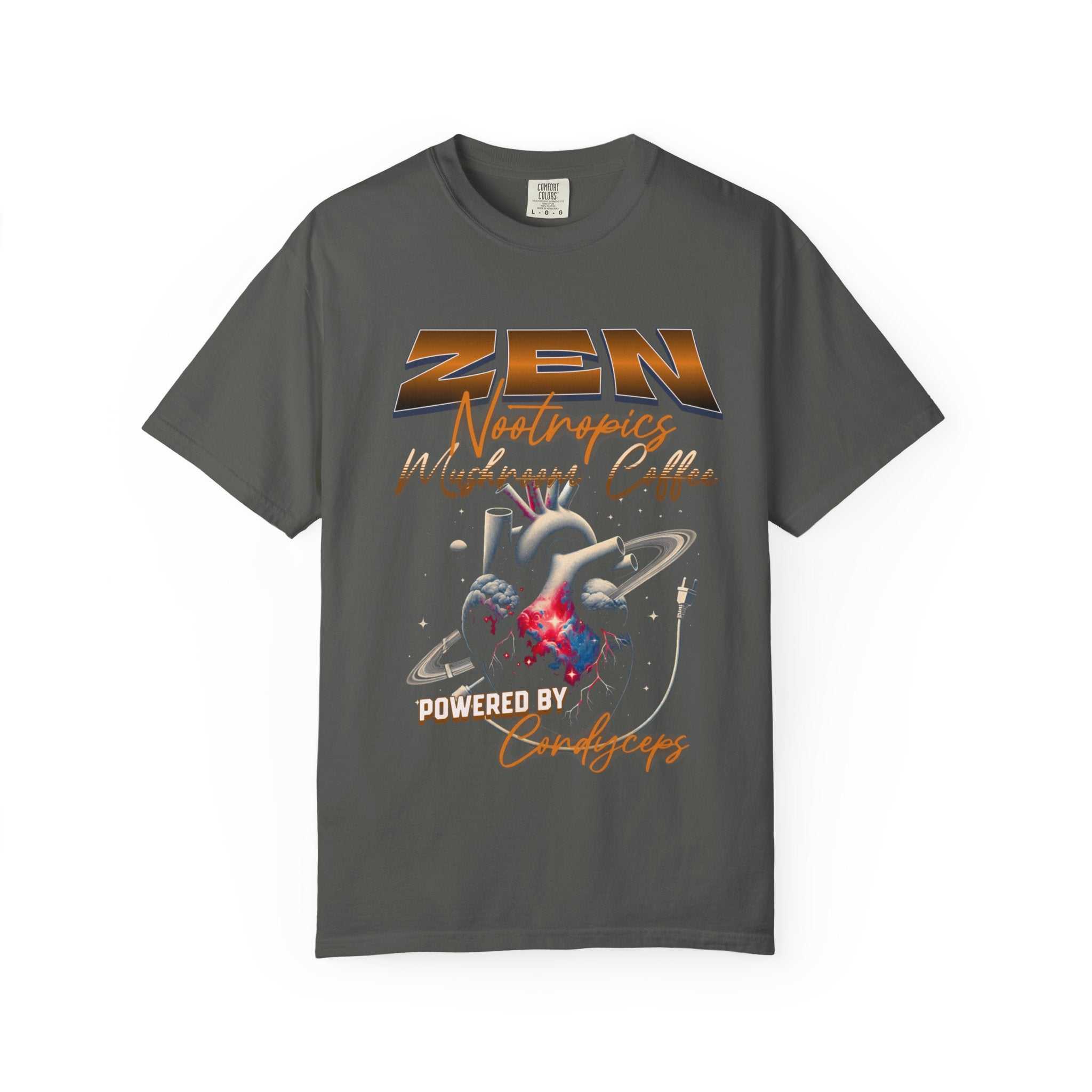 Heavyweight garment-dyed t-shirt with whimsical frog and mushroom design, perfect for outdoor lovers feeling the Zen.