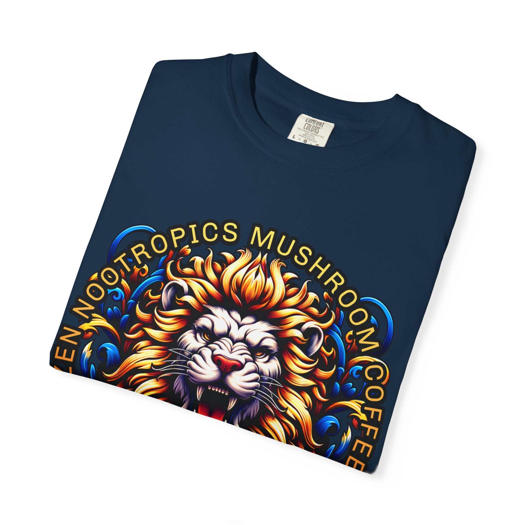 Unleash Lion's Mane T-shirt from Zen Nootropics with bold frog illustration, heavyweight garment-dyed cotton, and relaxed fit in multiple sizes
