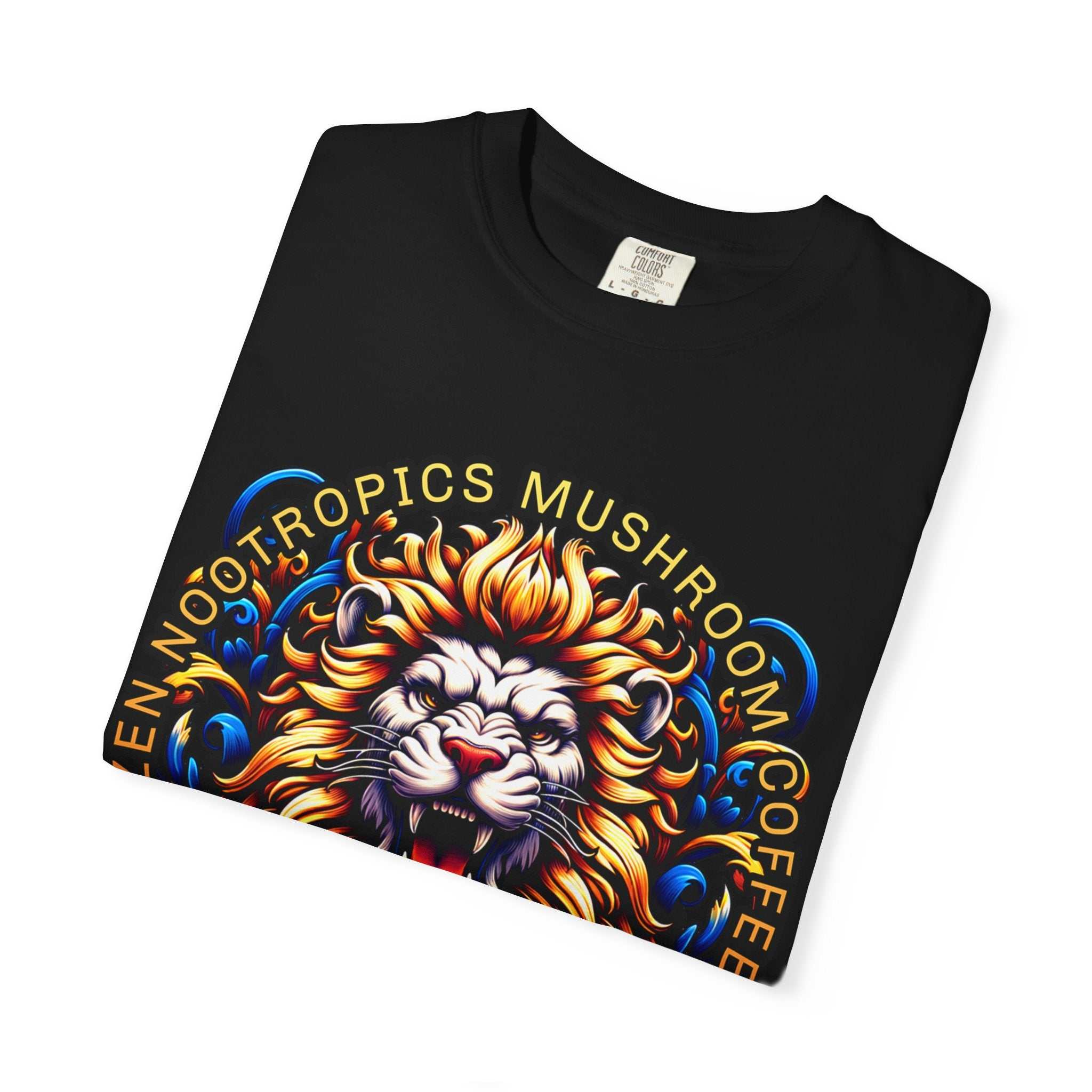 Unleash Lion's Mane T-shirt with bold frog design, heavyweight garment-dyed cotton, and relaxed fit from Zen Nootropics