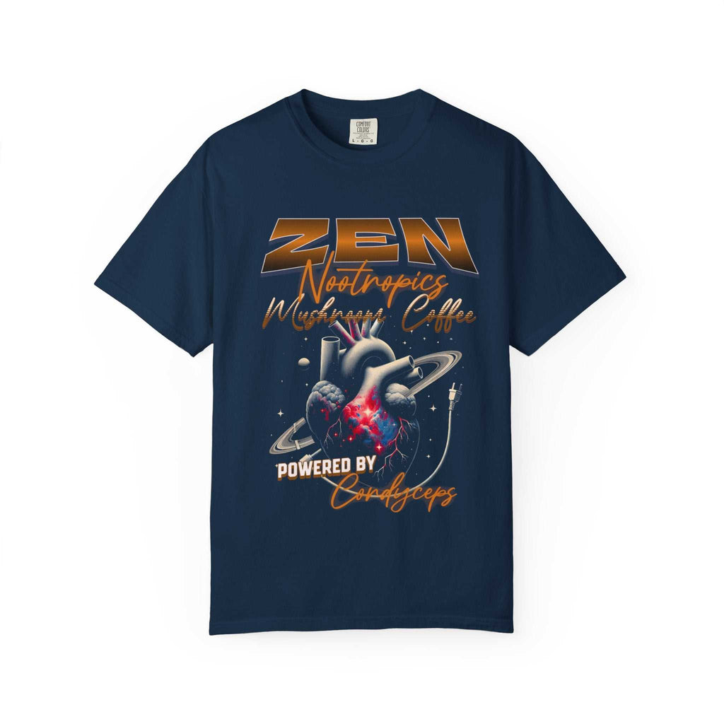 Heavyweight tee with whimsical frog and mushroom design in vibrant greens, garment-dyed for softness and comfort, called Feel The Zen