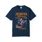 Heavyweight tee with whimsical frog and mushroom design in vibrant greens, garment-dyed for softness and comfort, called Feel The Zen
