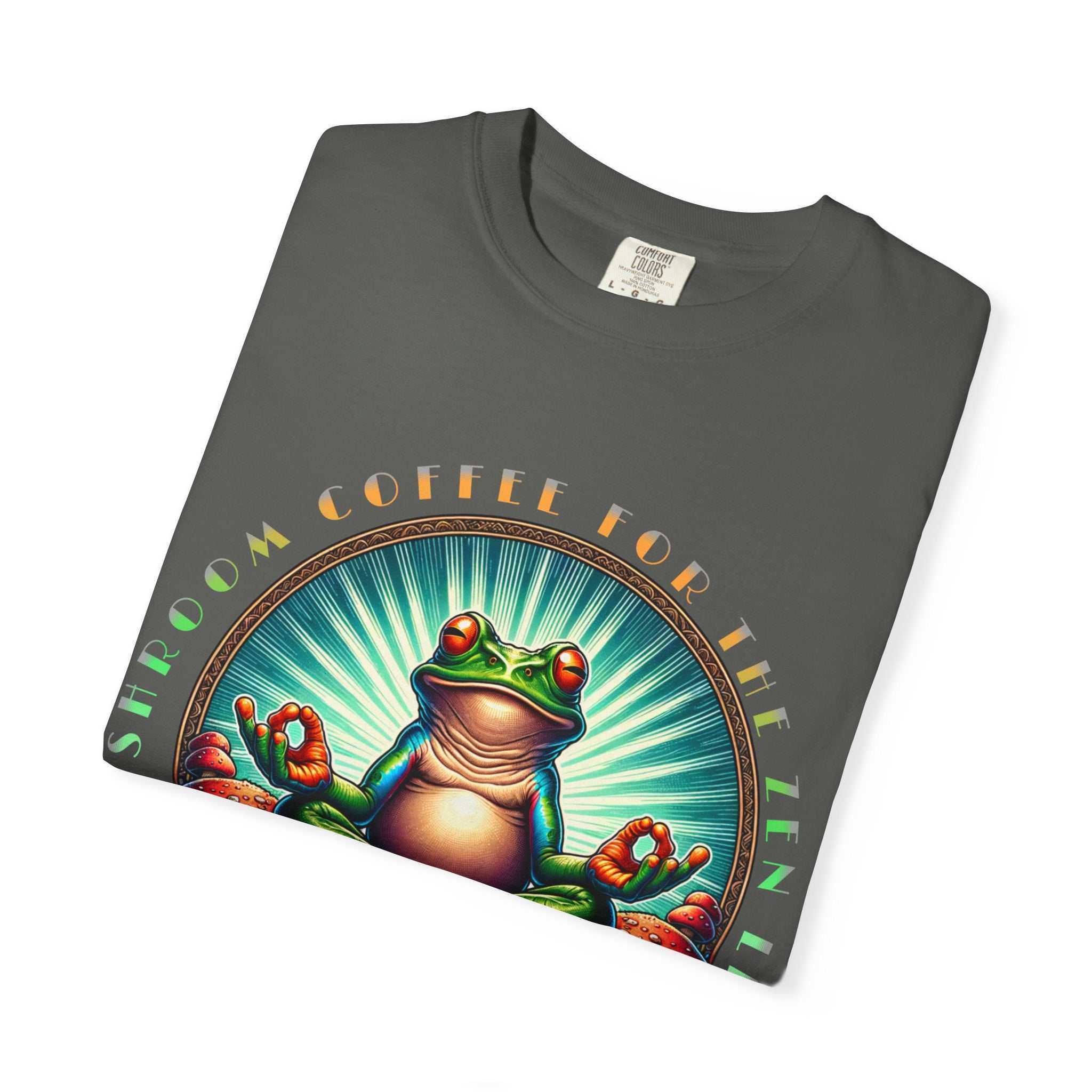 Feel The Zen Chilin Frog unisex heavyweight garment-dyed graphic tee with whimsical frog illustration and relaxed fit