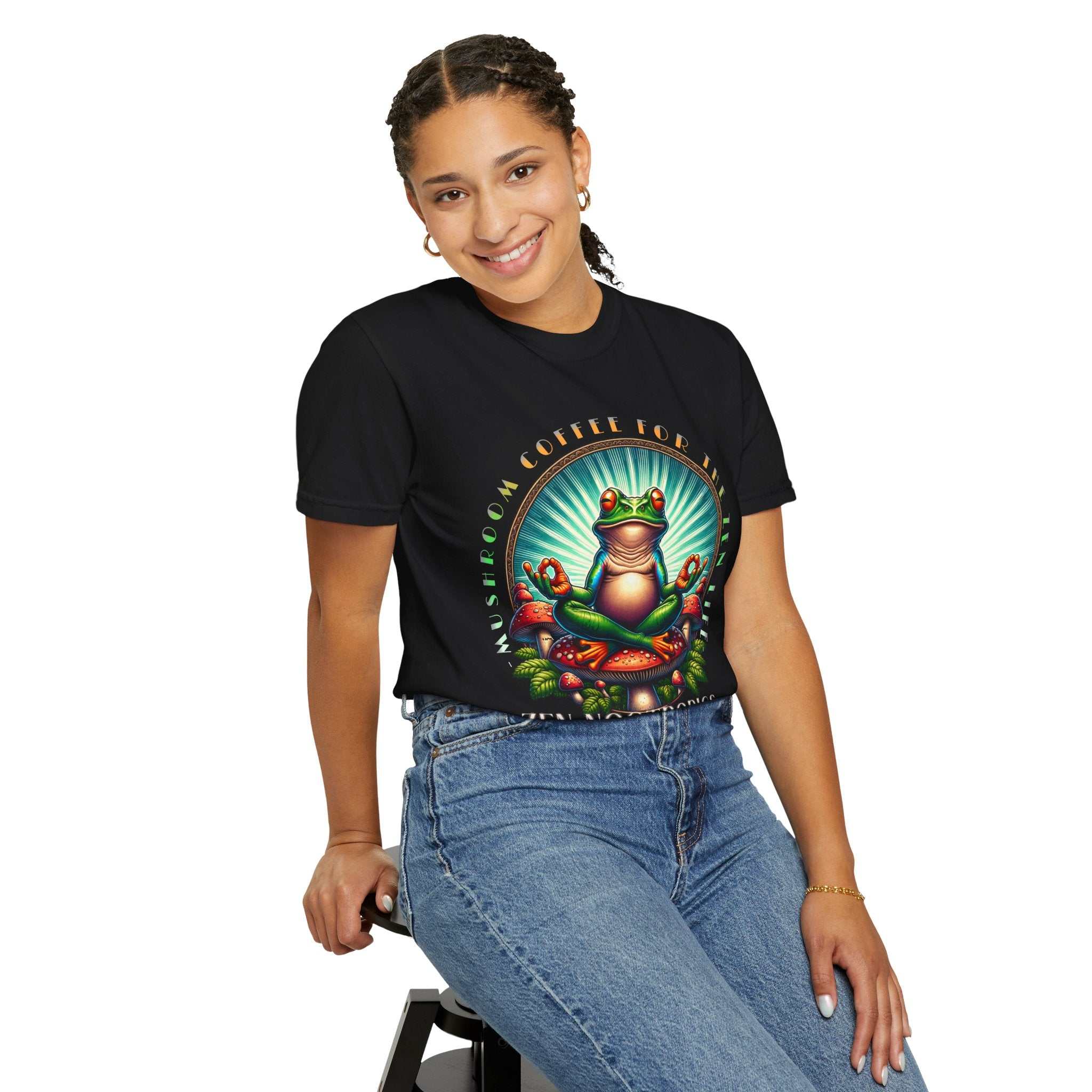 Feel The Zen Chilin Frog unisex graphic tee with vibrant frog design and relaxed fit