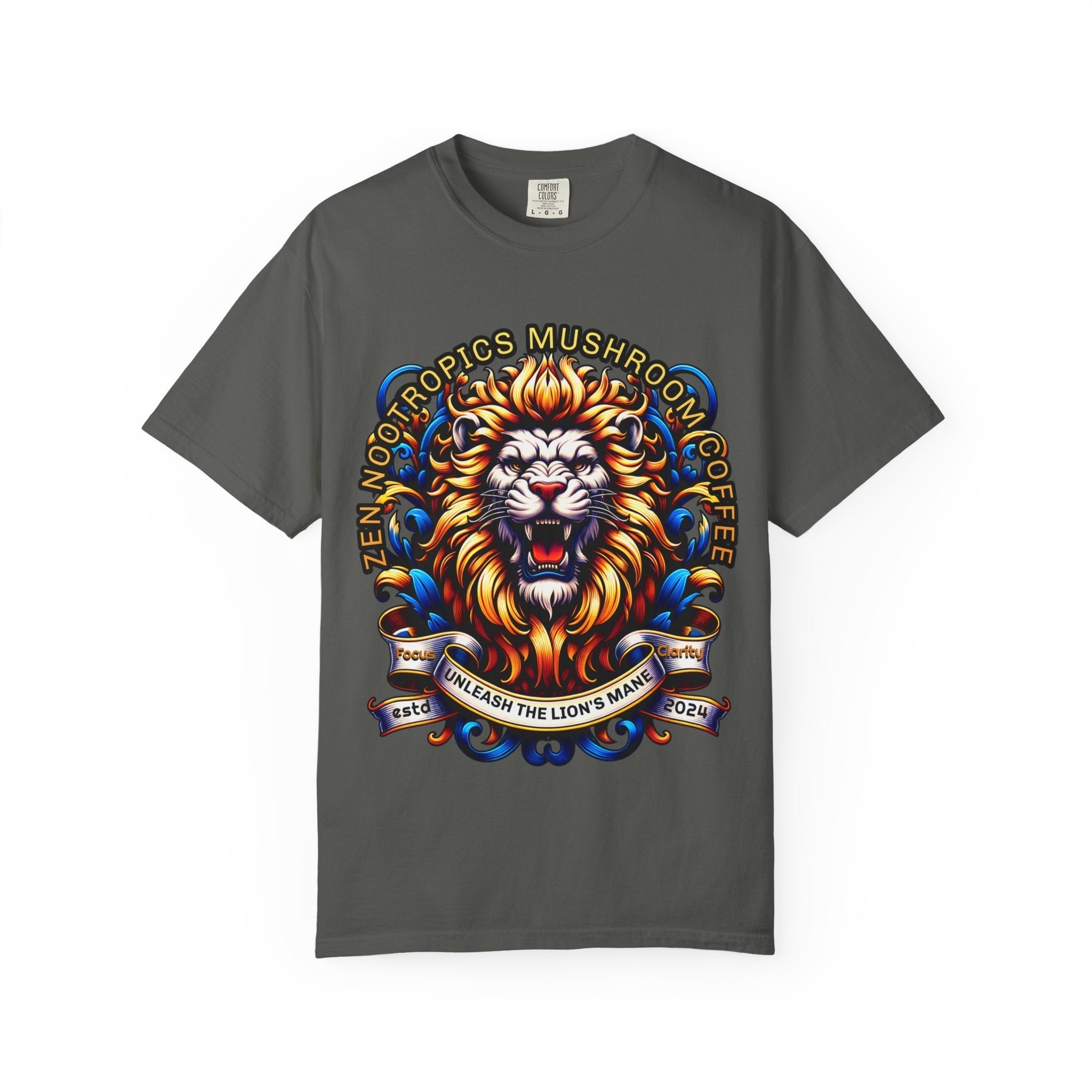 Unleash Lion's Mane heavyweight garment-dyed T-shirt with whimsical frog design from Zen Nootropics in vibrant greens and sunburst rays