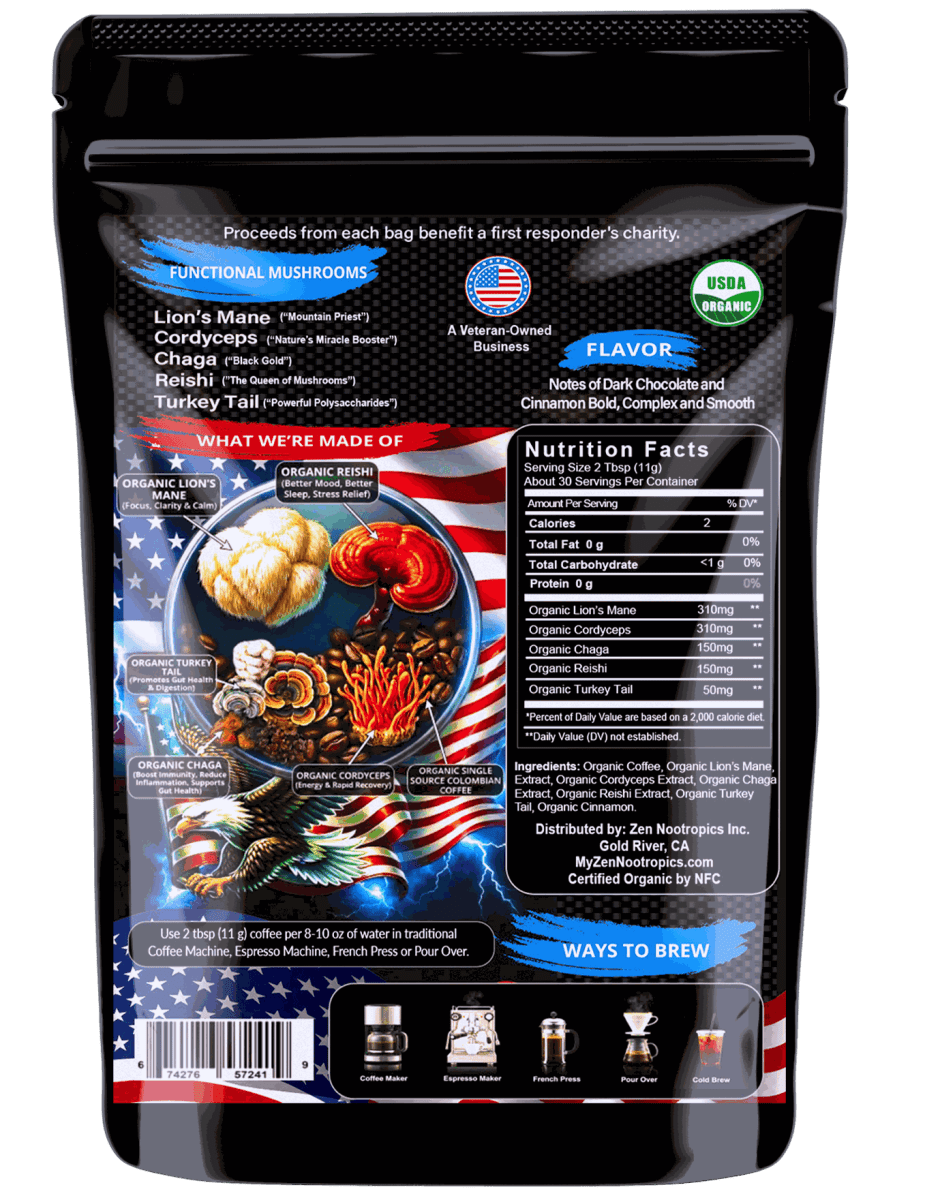 Zen Nootropics Best Mushroom Coffee First Responder’s Edition with premium organic mushrooms and Colombian coffee beans