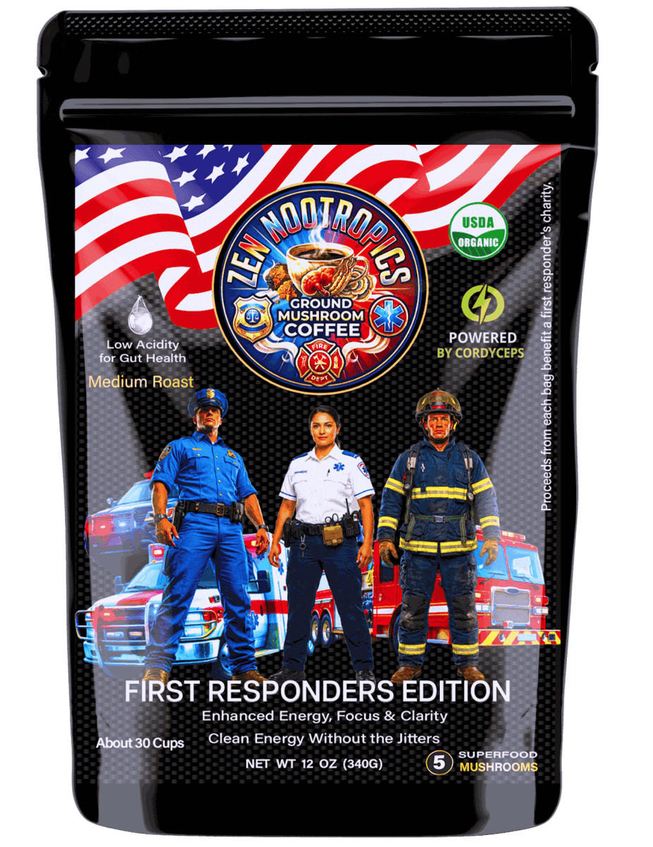 Best mushroom coffee Zen Nootropics First Responders edition with organic mushrooms and single-origin Colombian coffee beans.