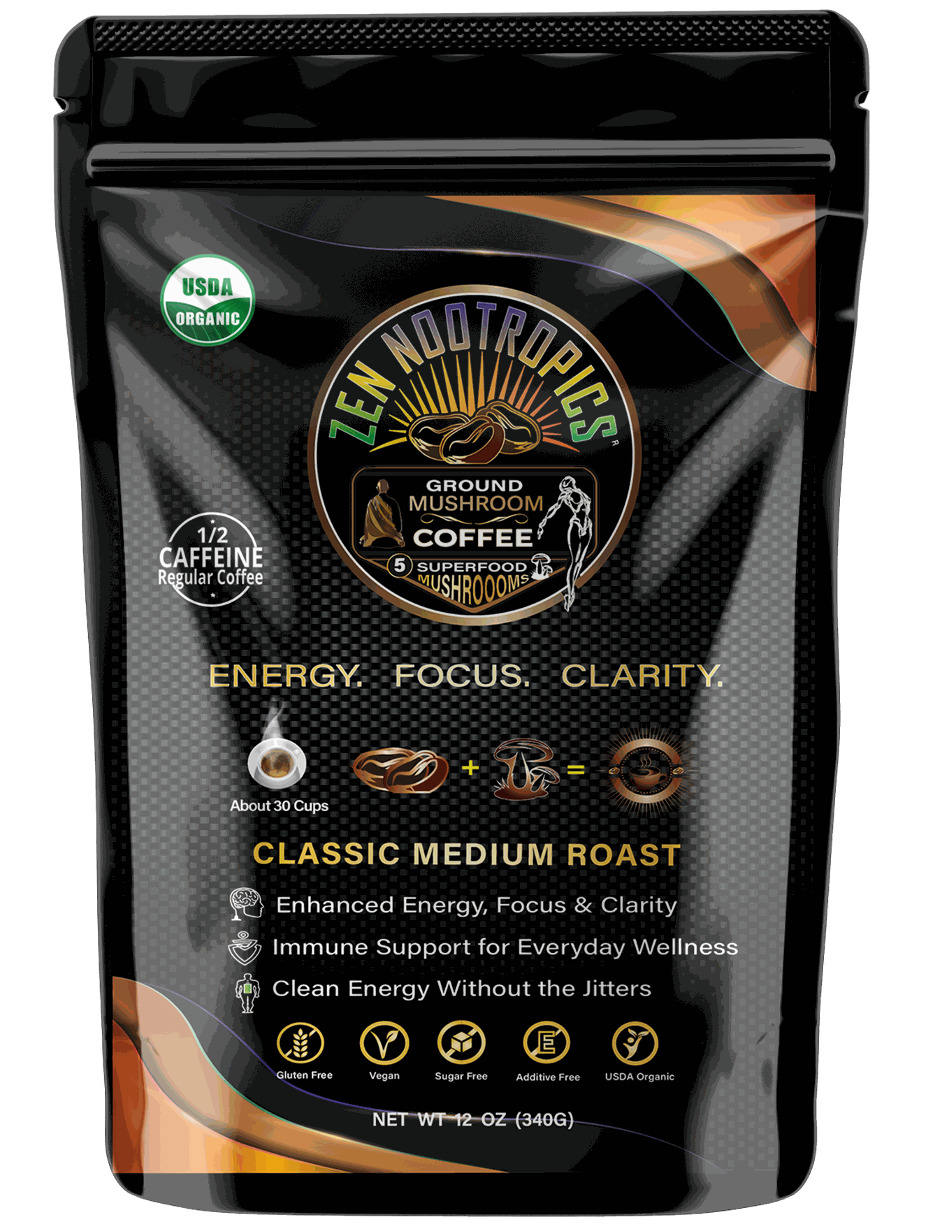Premium Mushroom Coffee with organic mushrooms for energy, focus, and clarity in a classic medium roast pack Main image