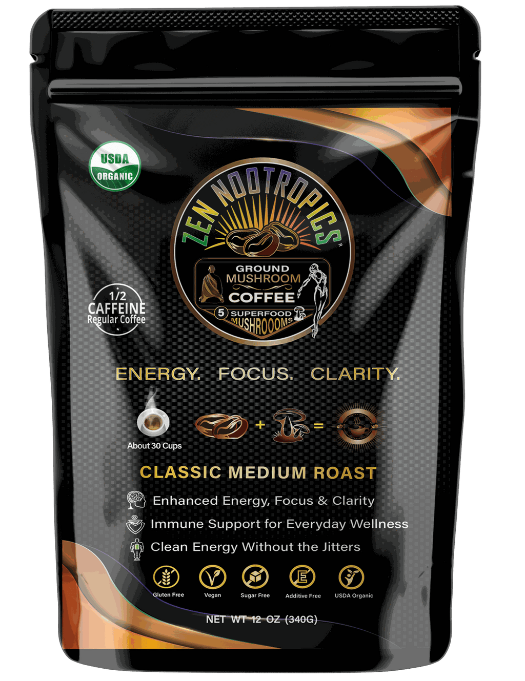 Premium Mushroom Coffee with organic mushrooms for energy, focus, and clarity in a classic medium roast pack
