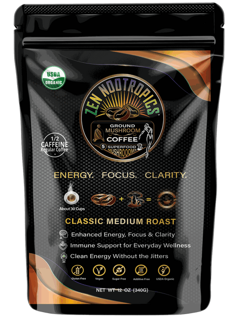 Premium Mushroom Coffee with organic mushrooms for energy, focus, and clarity in a classic medium roast pack