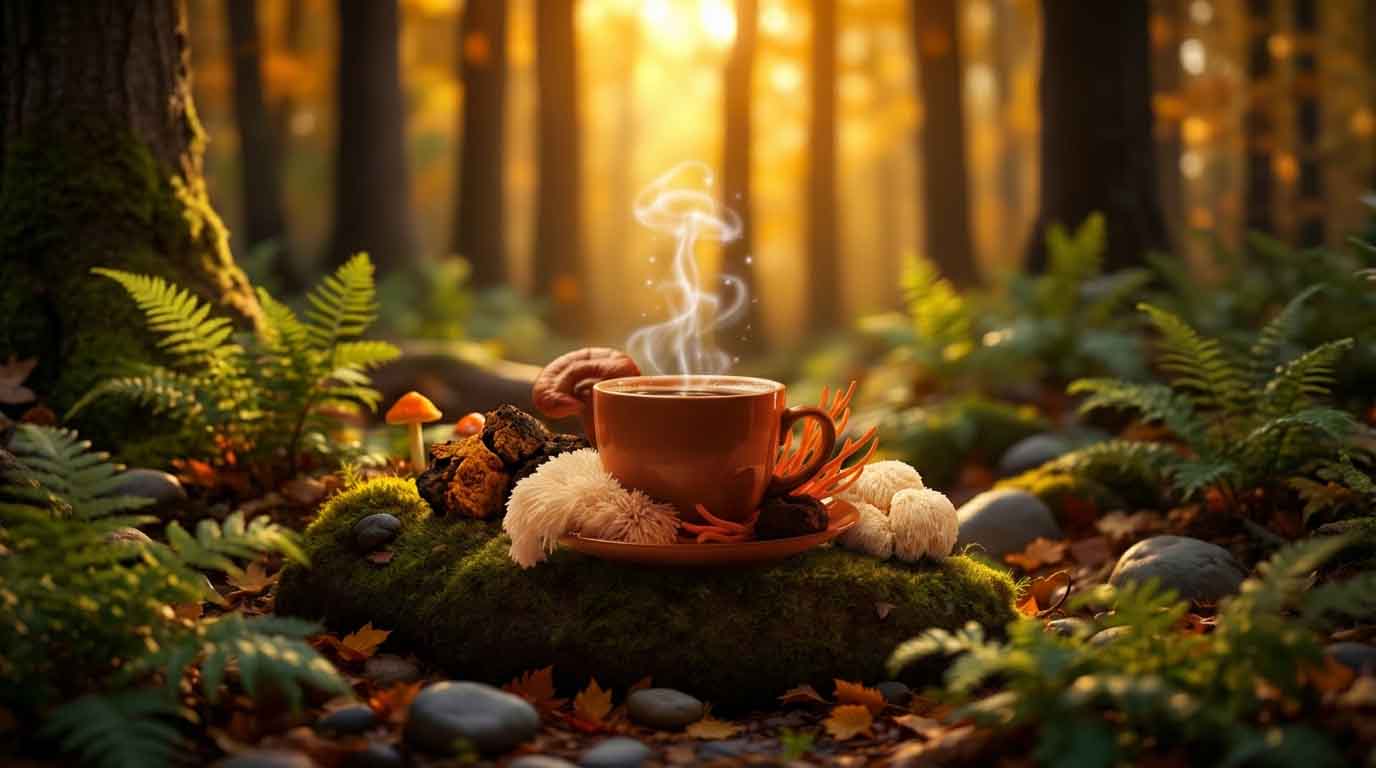 hot mushroom coffee in the forest
