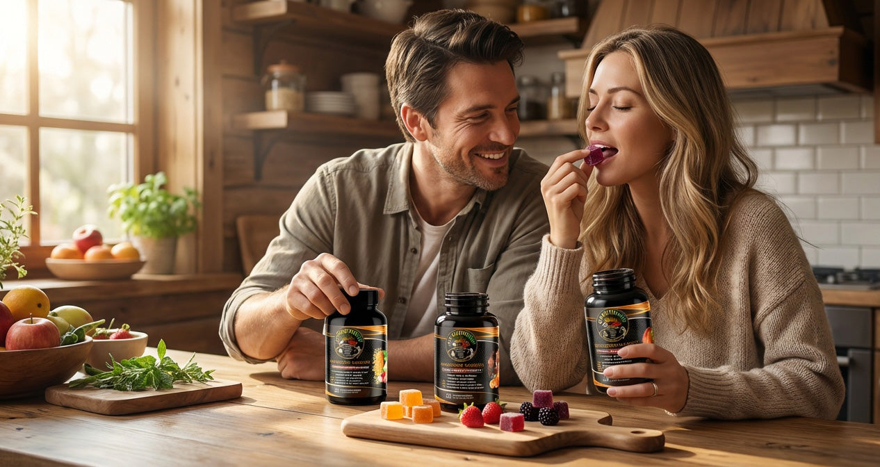 couple eating mushroom gummies