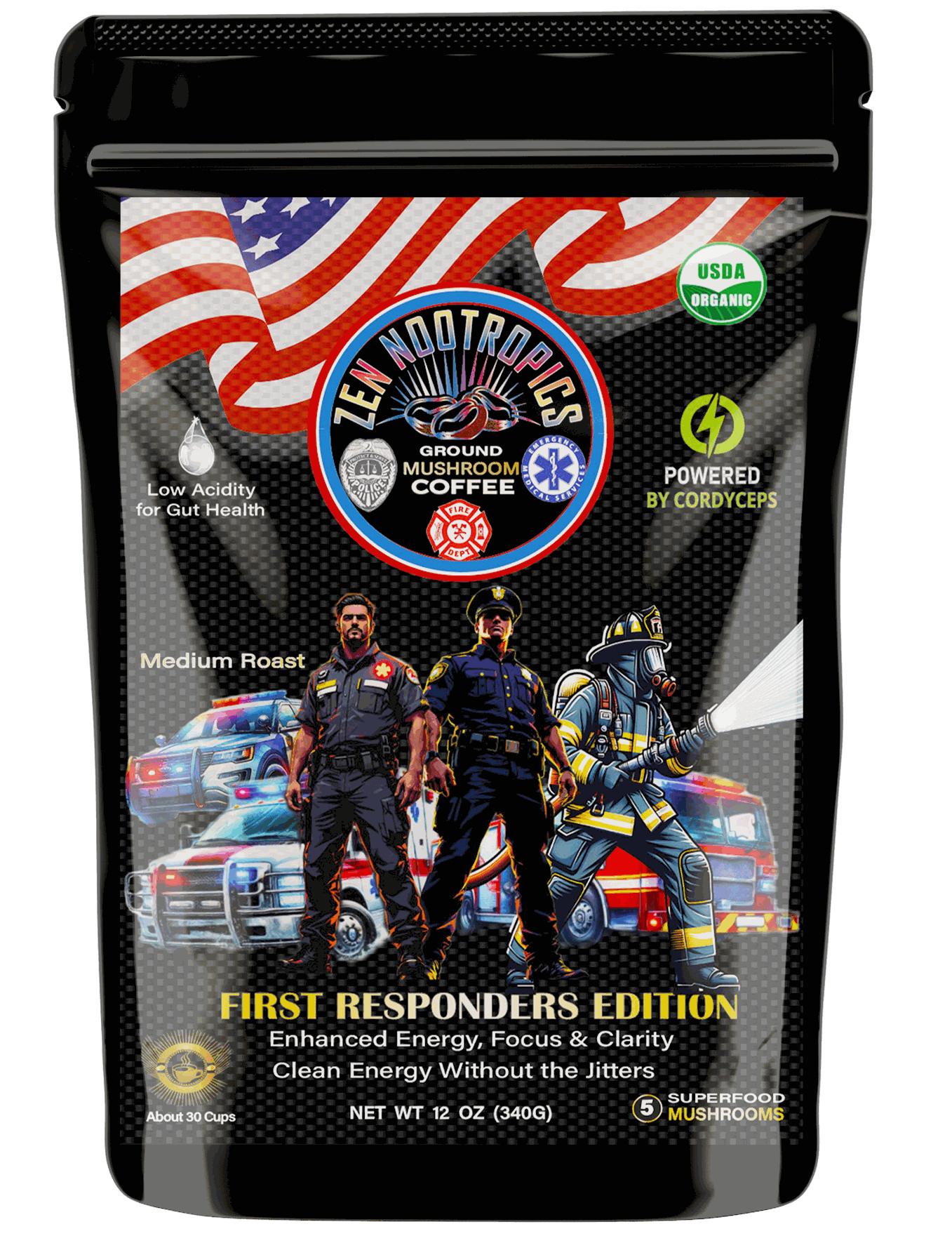Zen Nootropics First Responder's Edition mushroom coffee bag with patriotic design, featuring firefighters and emergency vehicles, USDA organic and cordyceps-powered blend for focus and clean energy.