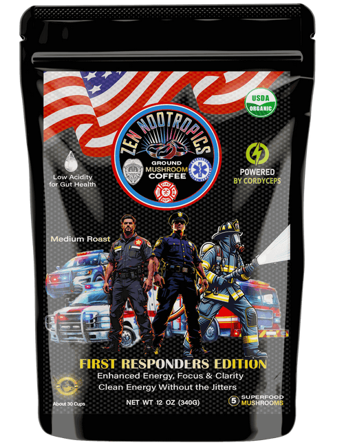 Zen Nootropics First Responder's Edition mushroom coffee bag with patriotic design, featuring firefighters and emergency vehicles, USDA organic and cordyceps-powered blend for focus and clean energy.