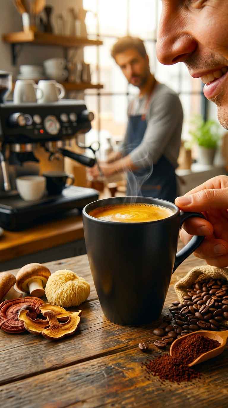 a tall cup of mushroom coffee freshly brewed