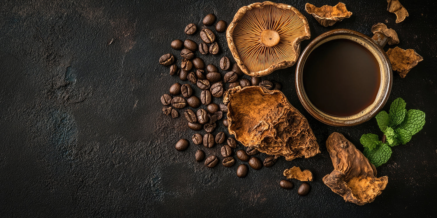 a bag of mushroom coffee with assorted mushrooms