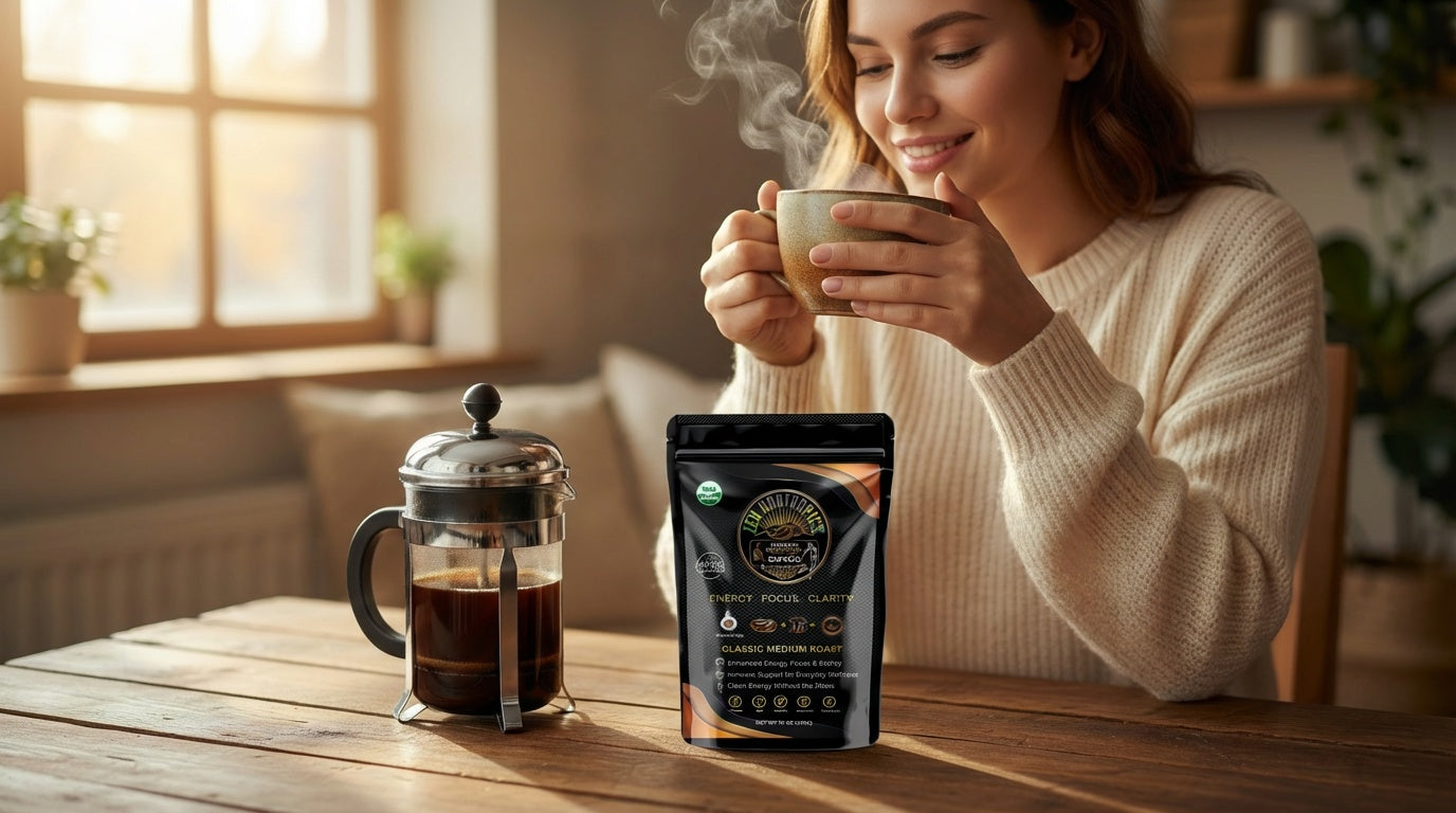 woman drinking mushroom coffee