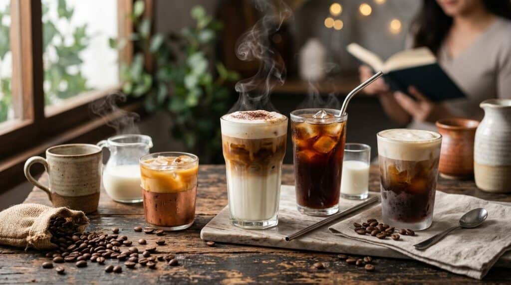 Hot, iced and creamy coffee drinks showing different preparation preferences