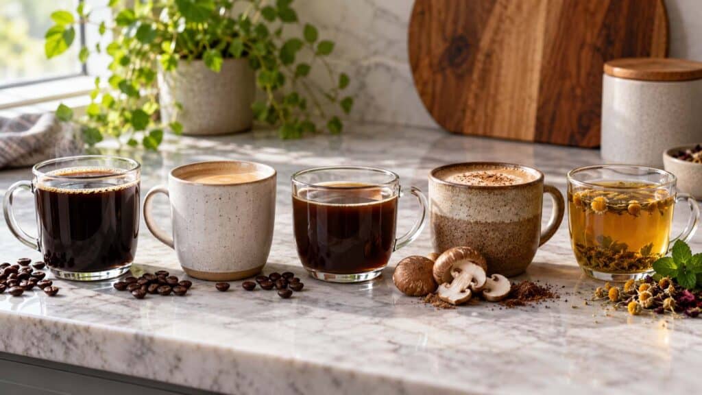 Different coffee and coffee-alternative drinks displayed side by side