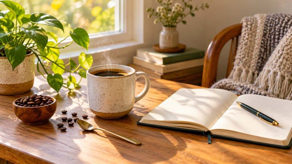 Morning coffee on a desk with an open notebook
