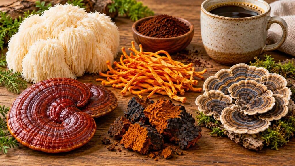 Assortment of functional mushrooms used in mushroom coffee blends