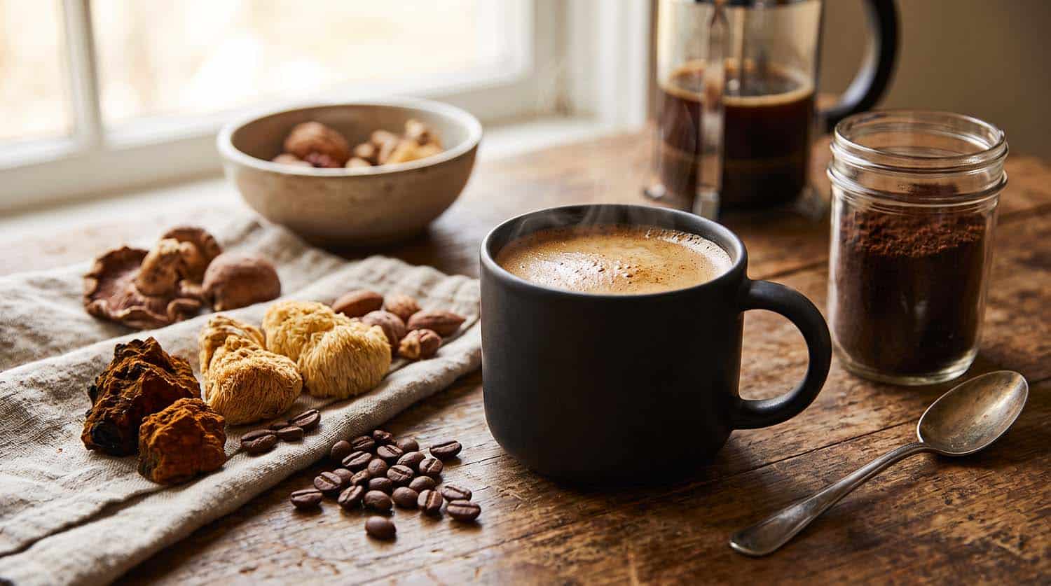 What does mushroom coffee taste like? Ground mushroom coffee served in a ceramic cup